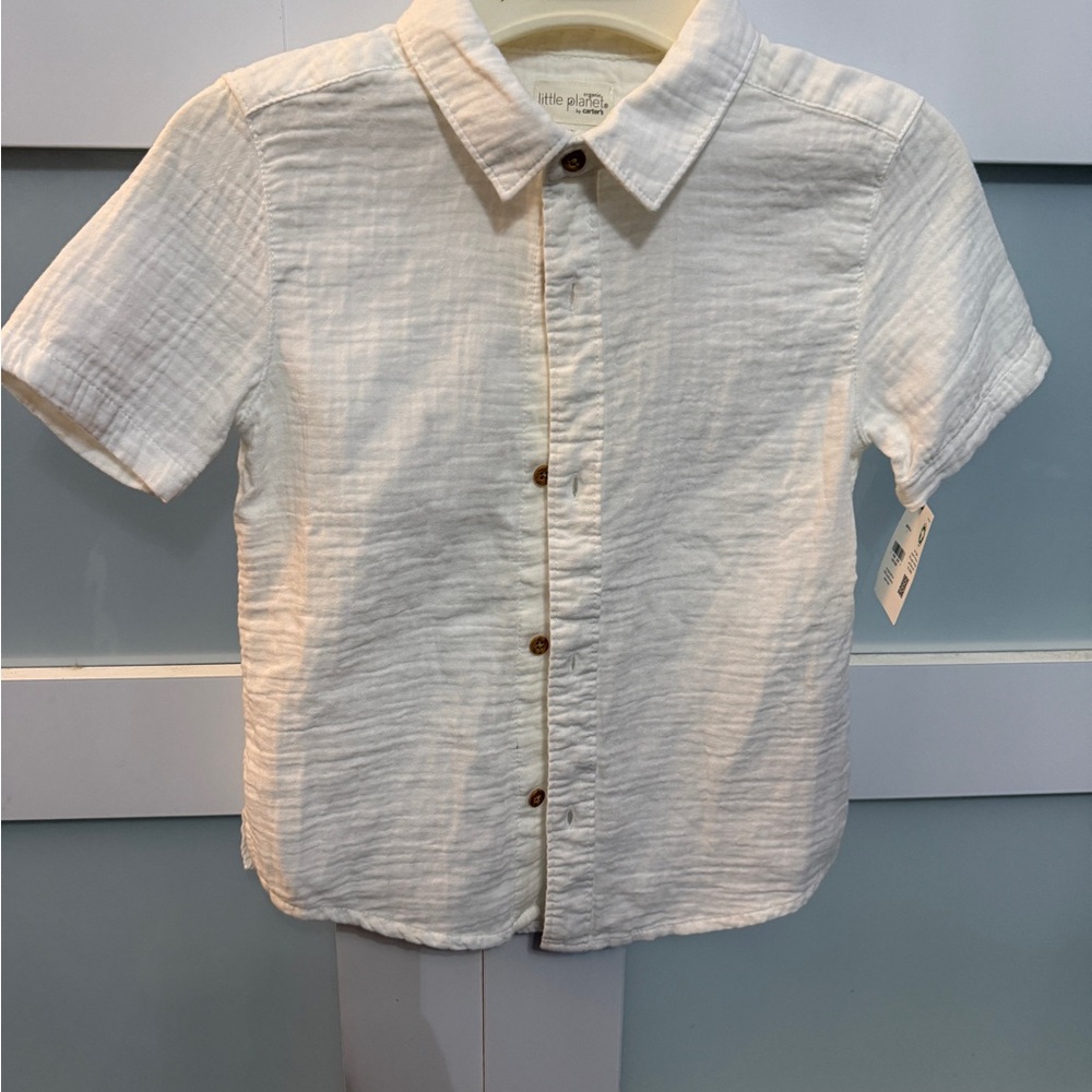 NWT Little Planet by Carter’s Organic Cotton Gauze Button-Down Boys White Muslin